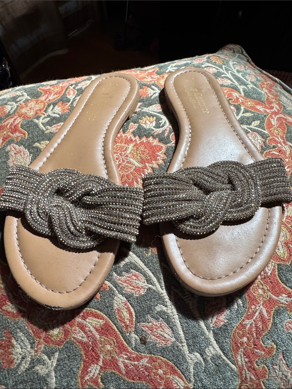 Juicy Couture Brown Beaded Knot Slide Sandals